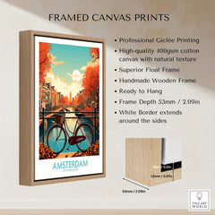 Amsterdam Wall Art | Modern Style framed print showcasing a vibrant scene of canals and bicycles in Amsterdam.