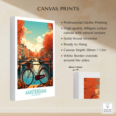 Amsterdam Wall Art | Modern Style canvas print showcasing vibrant sunset and bicycle on Amsterdam's canals.