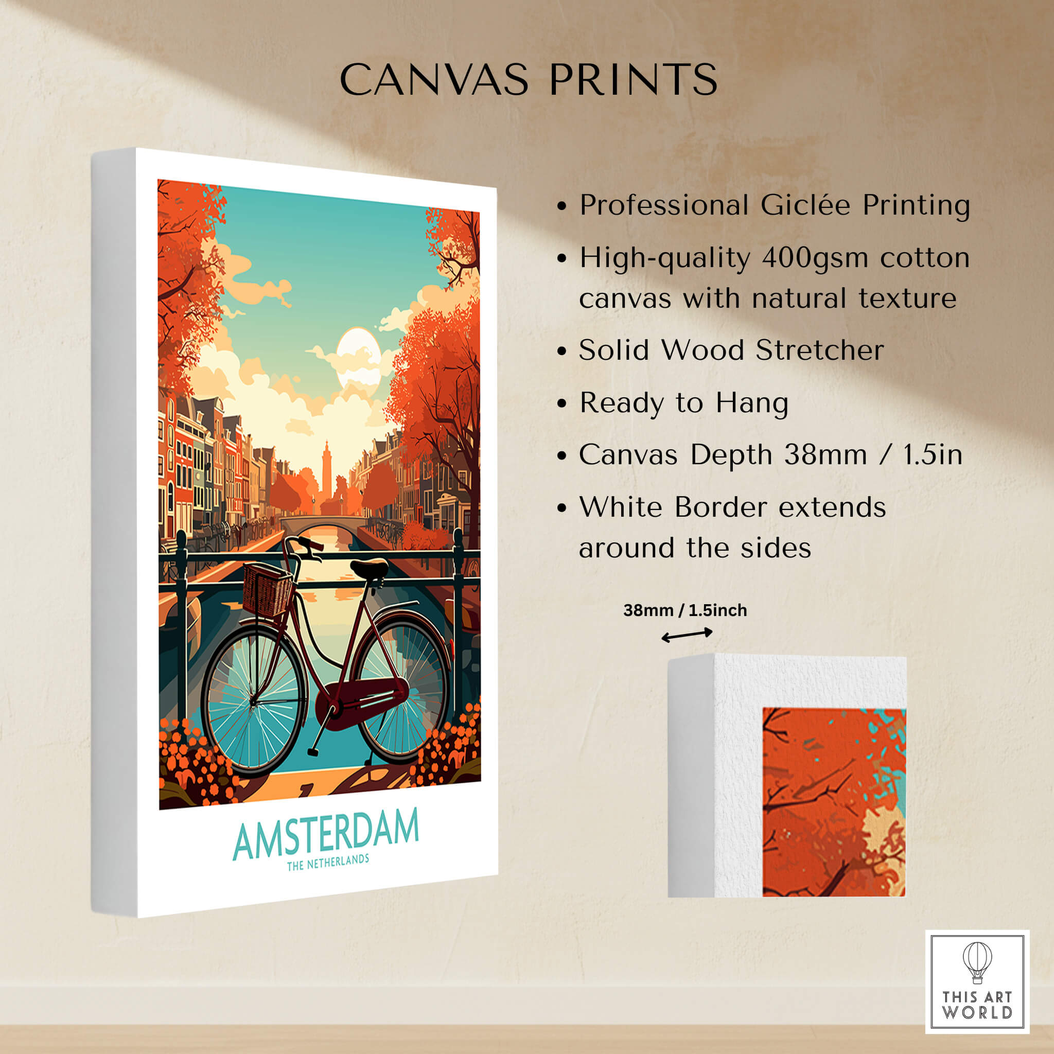 Amsterdam Wall Art | Modern Style canvas print showcasing vibrant sunset and bicycle on Amsterdam's canals.