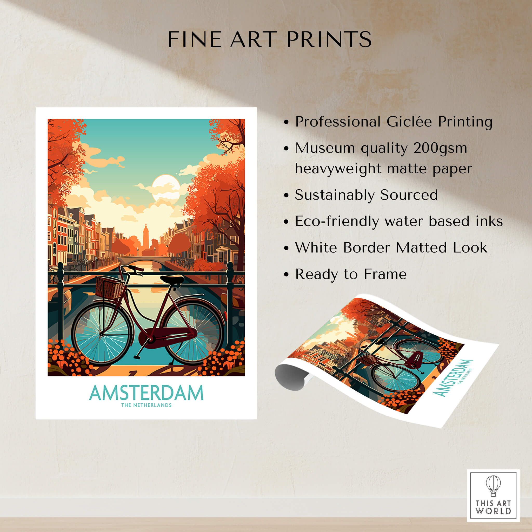 Amsterdam Wall Art | Modern Style - vibrant print of Amsterdam canals with bicycle, perfect for home decor.