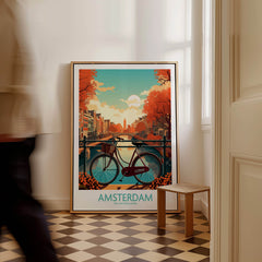 Amsterdam Wall Art | Modern Style print featuring a bicycle by a canal in autumnal colors.