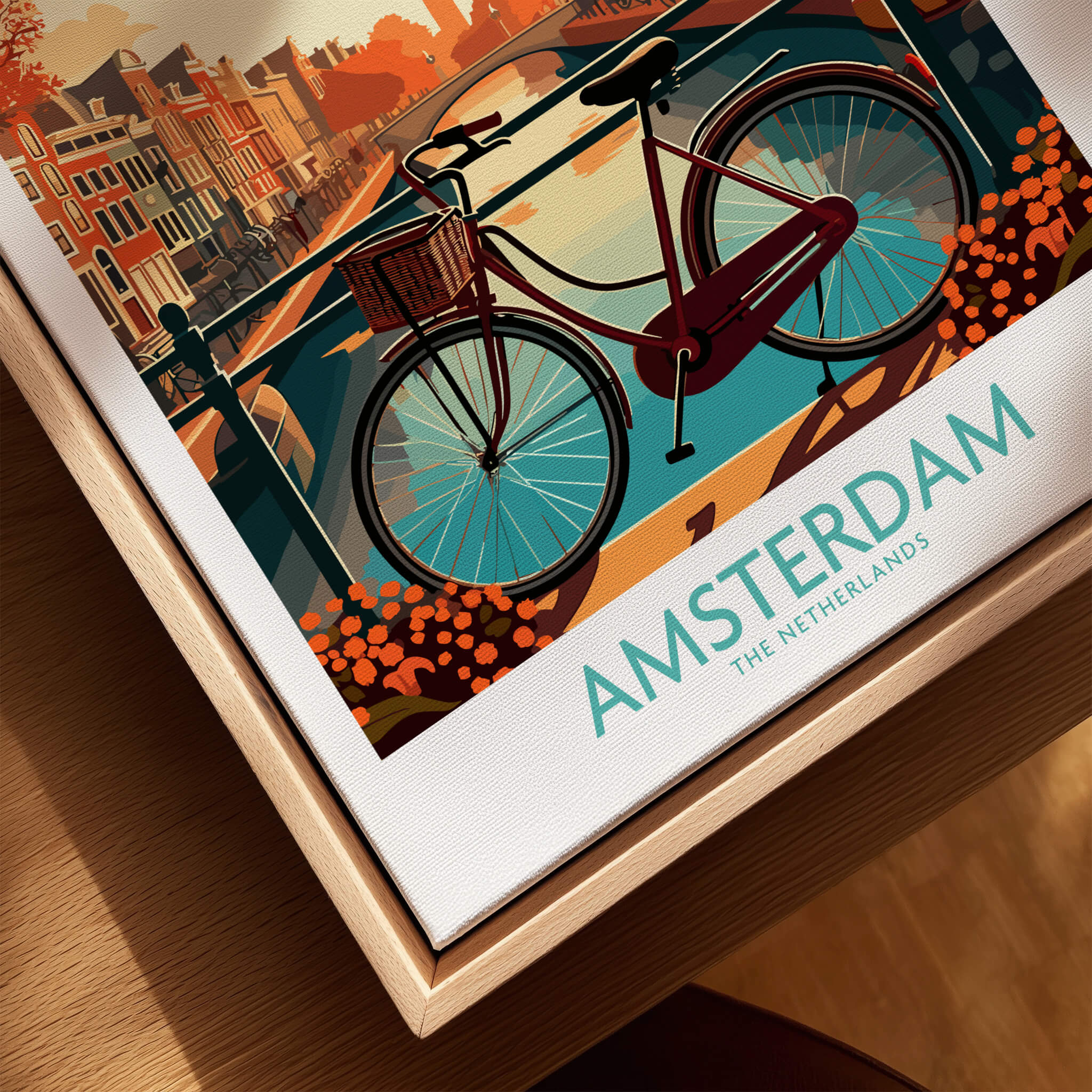 Amsterdam Wall Art | Modern Style featuring a bicycle and canals in a vibrant sunset scene.