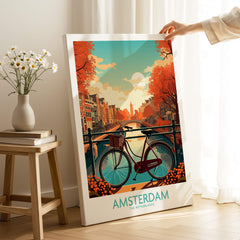 Amsterdam Wall Art | Modern Style featuring a vibrant sunset scene with bicycles and canals in Amsterdam.