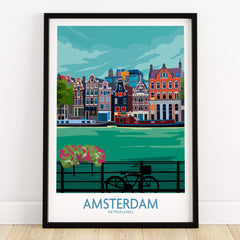 Amsterdam Poster Print featuring vibrant canals and colorful buildings of Amsterdam, Netherlands.