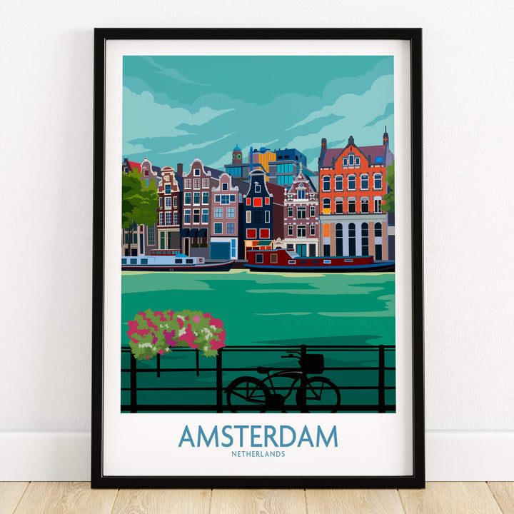 Amsterdam Poster Print featuring vibrant canals and colorful buildings of Amsterdam, Netherlands.