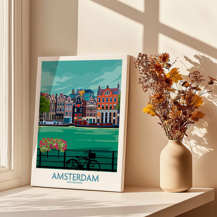 Amsterdam Poster Print showcasing canal houses and a bicycle in a vibrant design, perfect for wall decor.
