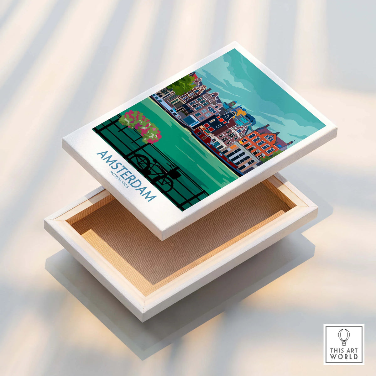 Amsterdam Poster Print featuring colorful canals and iconic buildings of Amsterdam.