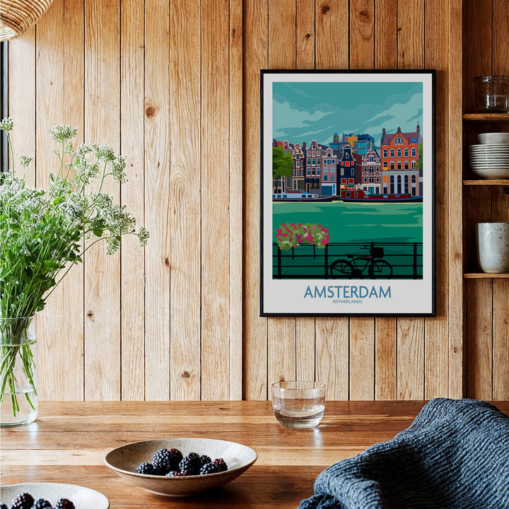 Amsterdam Poster Print showcasing a vibrant depiction of Amsterdam's iconic canals and architecture.