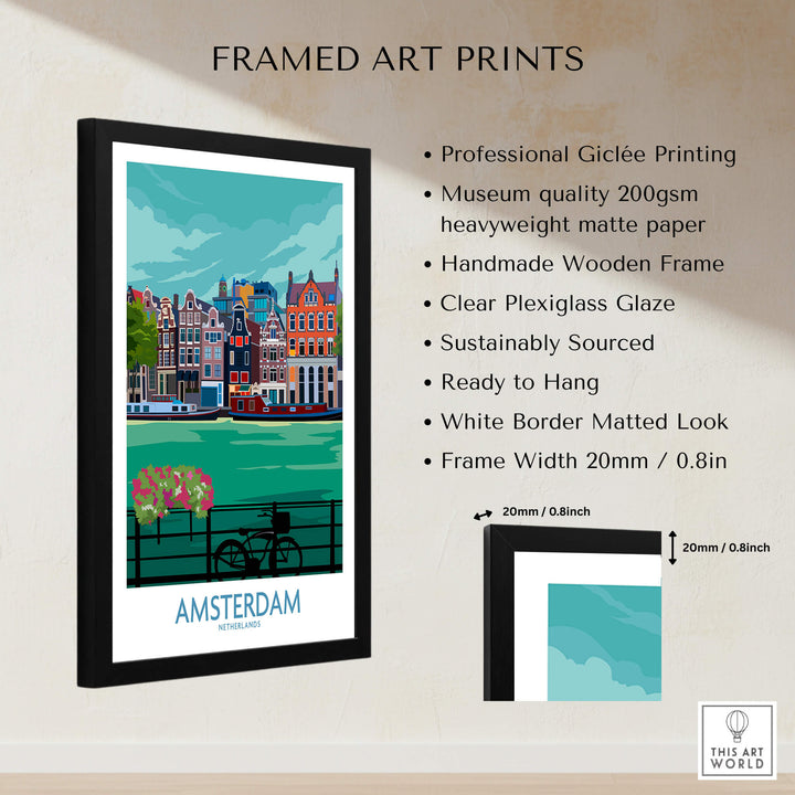 Amsterdam Poster Print featuring framed artwork of iconic Amsterdam buildings and vibrant scenery.
