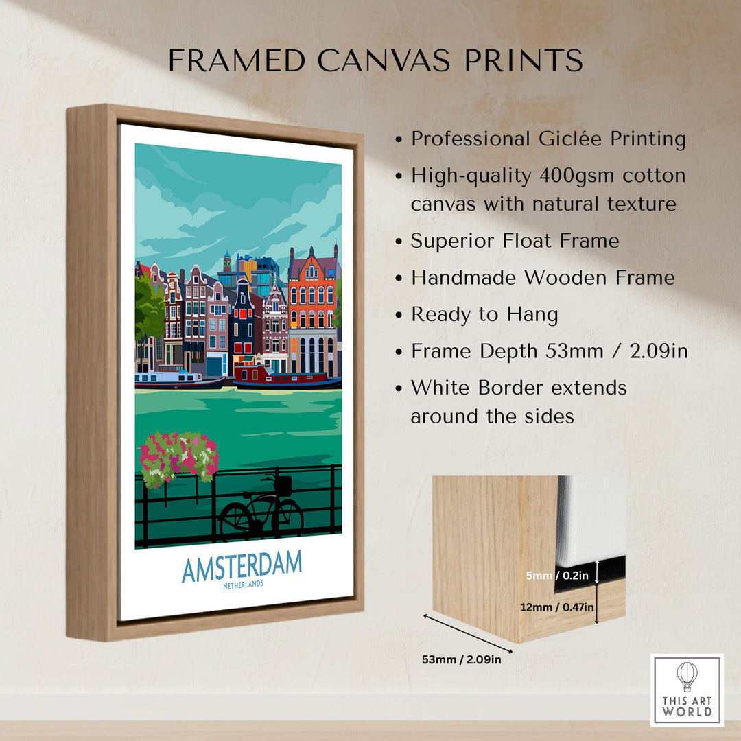 Amsterdam Poster Print framed canvas showcasing the beauty of Amsterdam with vibrant colors and ready to hang.