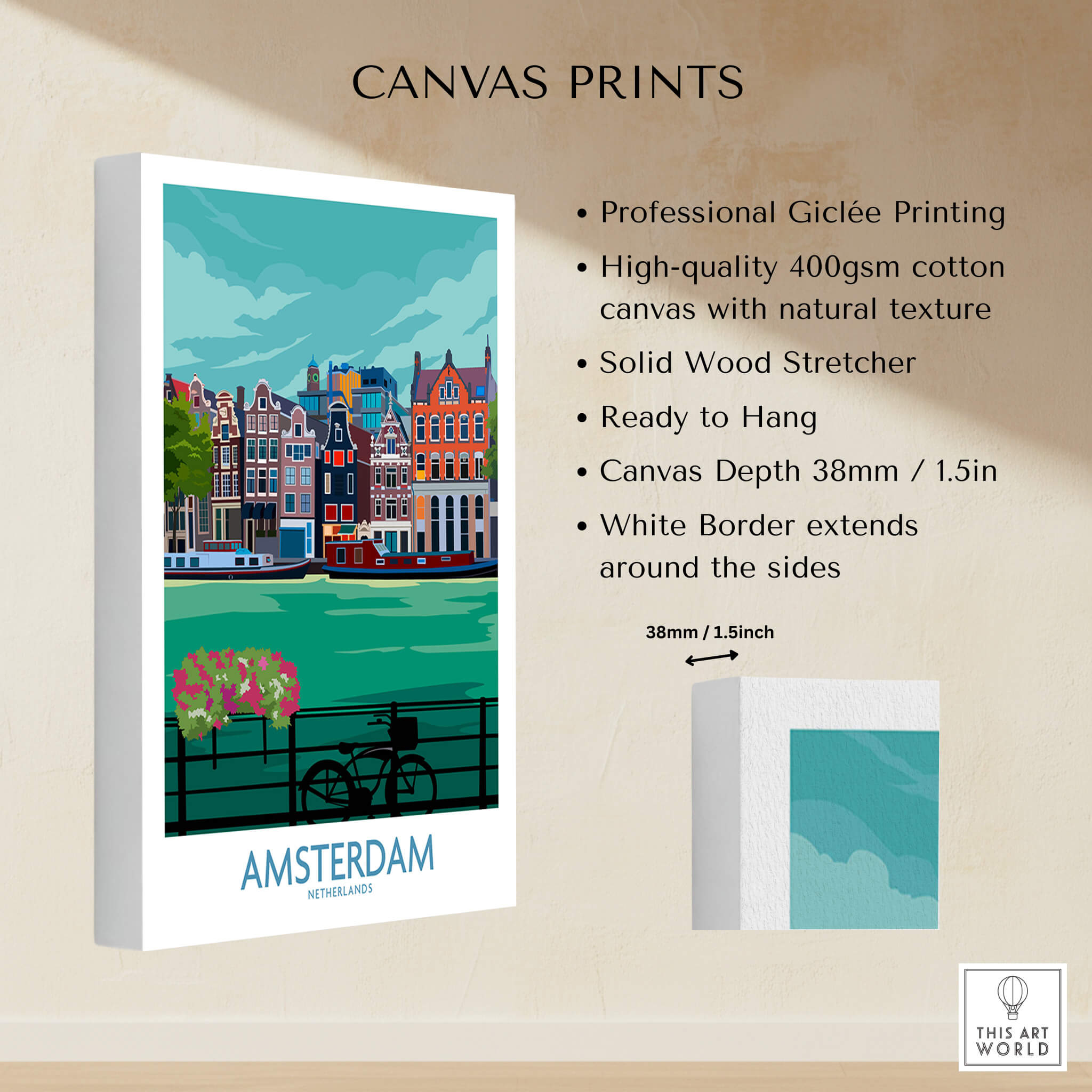 Amsterdam Poster Print showcasing professional Giclée printing on high-quality cotton canvas.