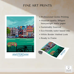 Amsterdam Poster Print showcasing a vibrant canal scene with historic buildings and flowers, perfect for home decor.
