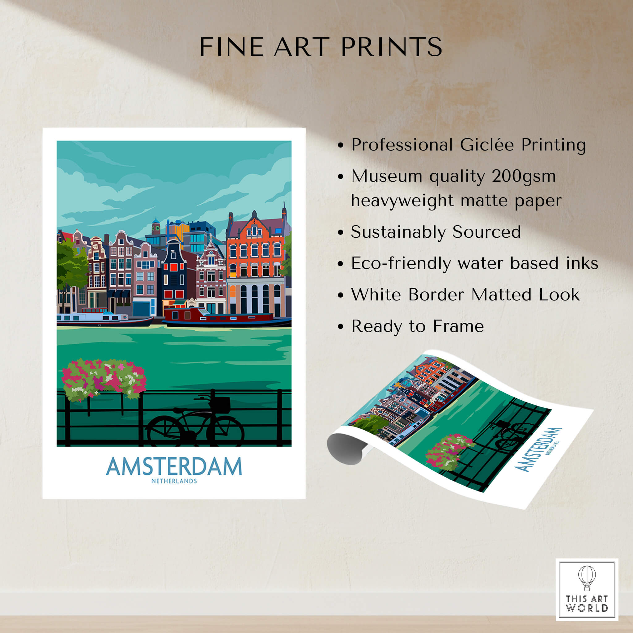 Amsterdam Poster Print showcasing a vibrant canal scene with historic buildings and flowers, perfect for home decor.