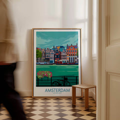 Amsterdam Poster Print featuring iconic canals and colorful buildings in Amsterdam.