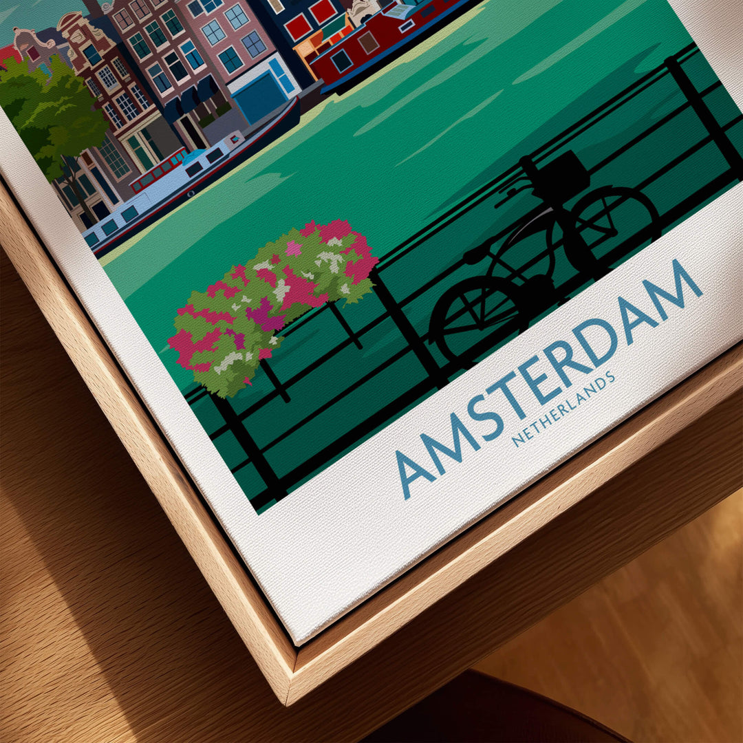 Amsterdam Poster Print featuring a scenic view of Amsterdam's canals and a bicycle, perfect for home decor.