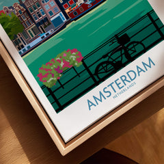 Amsterdam Poster Print featuring a scenic view of Amsterdam's canals and a bicycle, perfect for home decor.