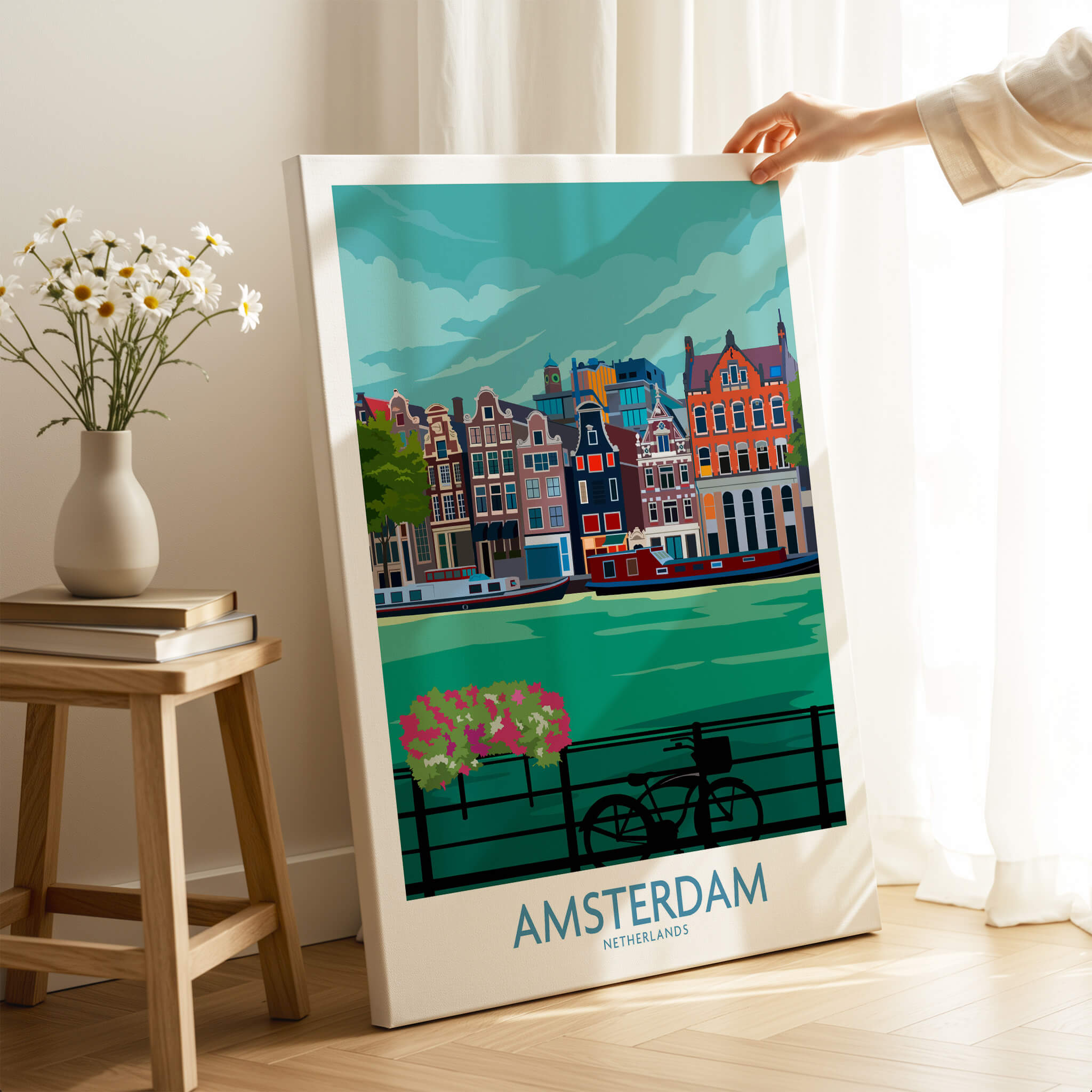 Amsterdam Poster Print showcasing vibrant canals and historic architecture, perfect for home decor.