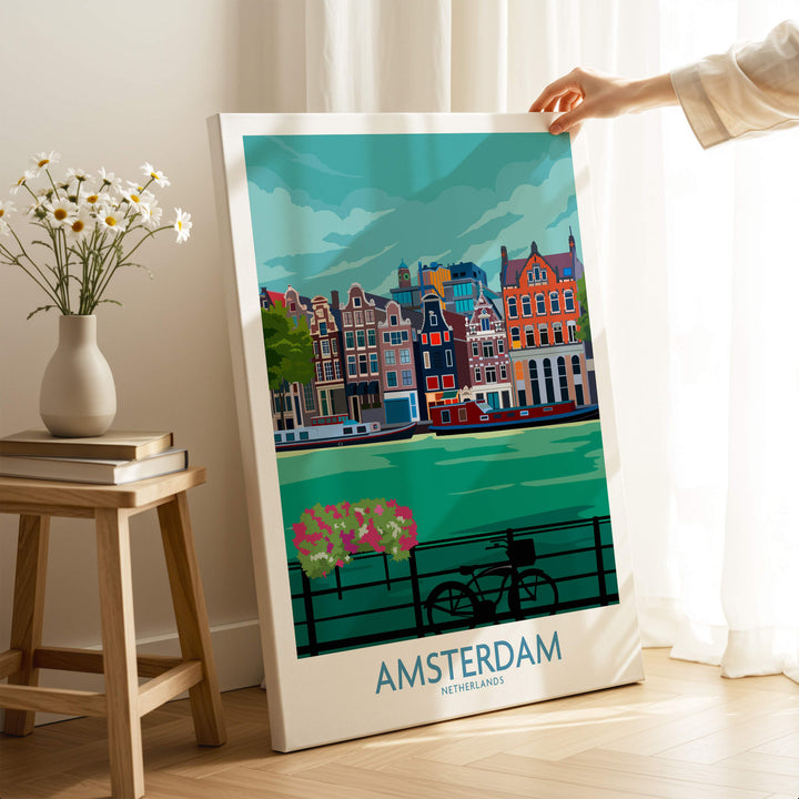 Amsterdam Poster Print showcasing vibrant canals and historic architecture, perfect for home decor.