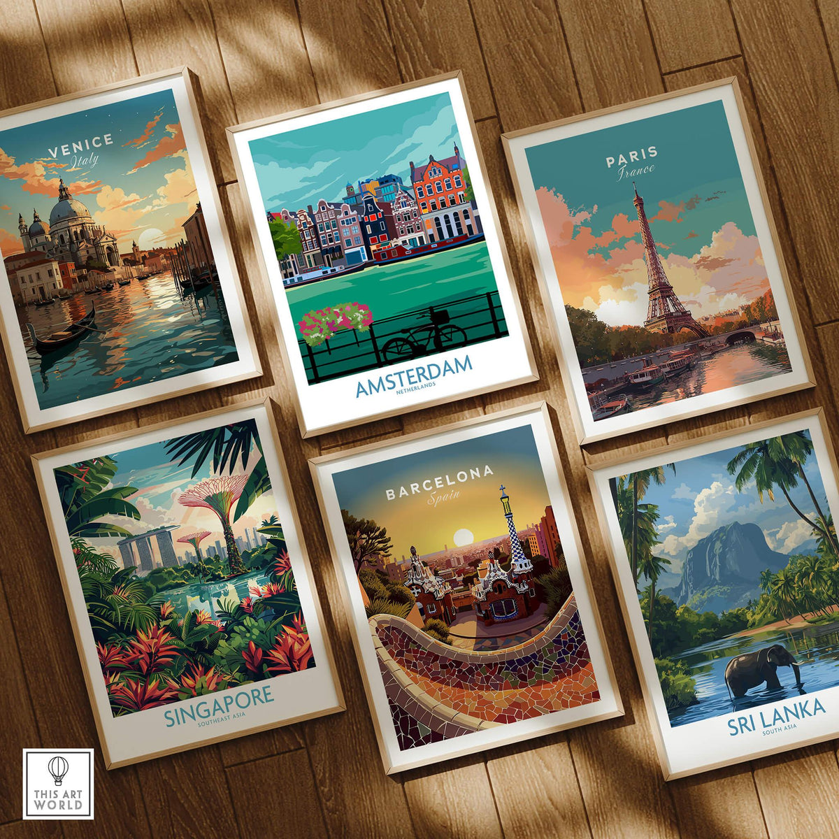 Amsterdam Poster Print featured among stunning travel prints including Venice, Paris, Singapore, Barcelona, and Sri Lanka.