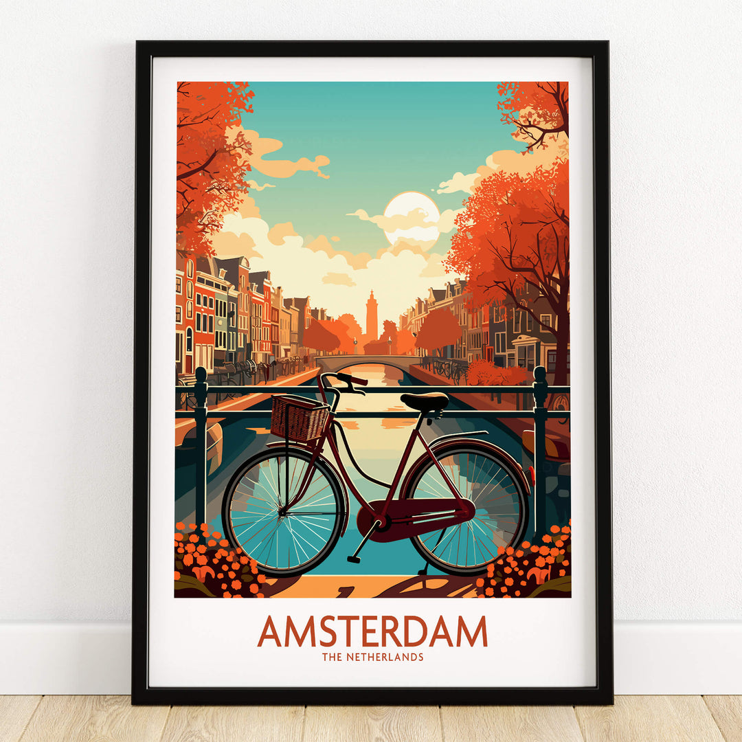 Amsterdam Wall Art with Bike | Modern Style, featuring a scenic view of Amsterdam's canals and a bicycle.