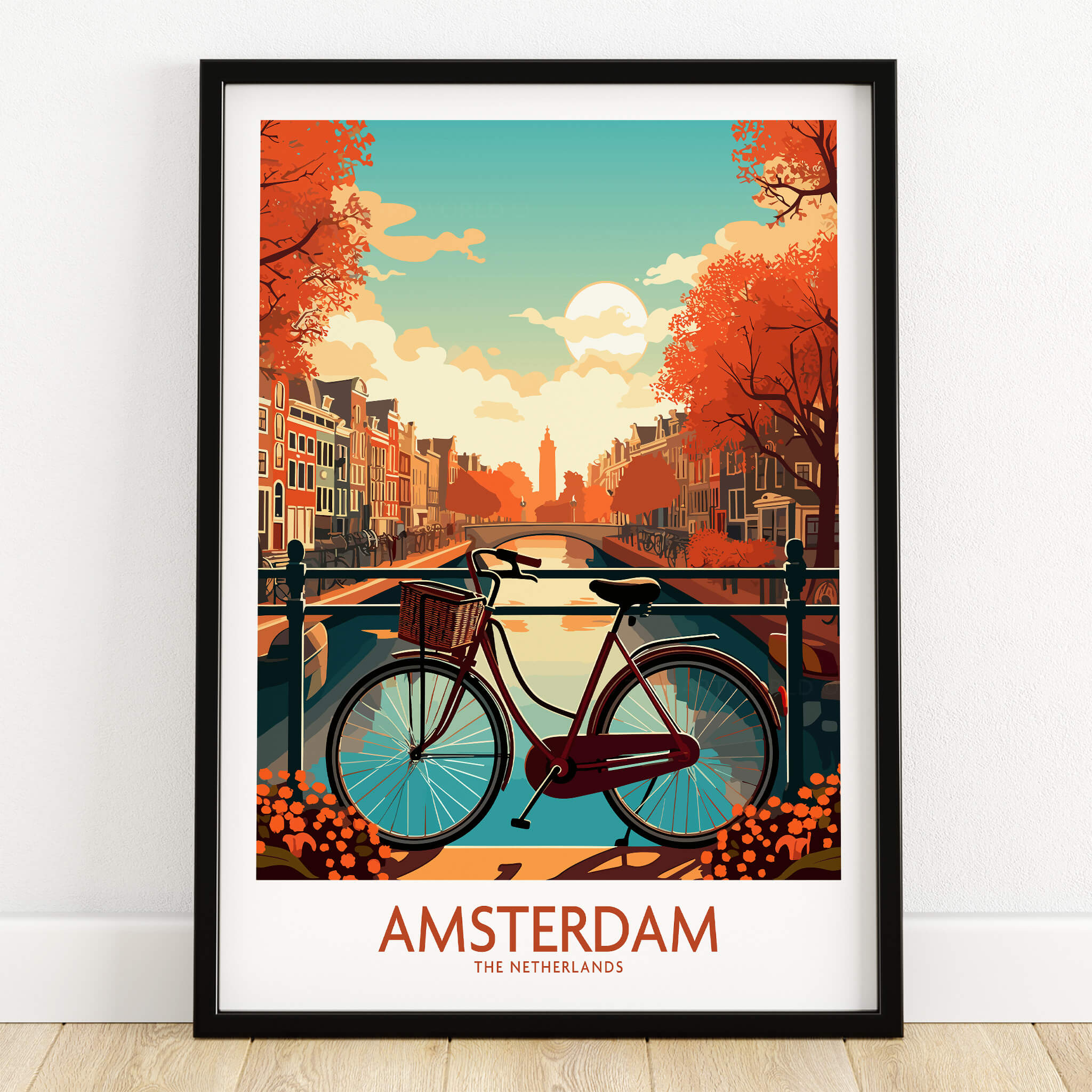 Amsterdam Wall Art with Bike | Modern Style, featuring a scenic view of Amsterdam's canals and a bicycle.