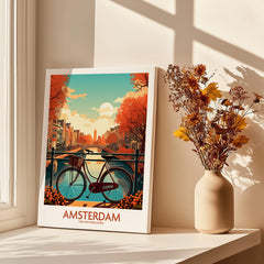 Amsterdam Wall Art with Bike | Modern Style featuring a vibrant print of Amsterdam's canals and autumn scenery.