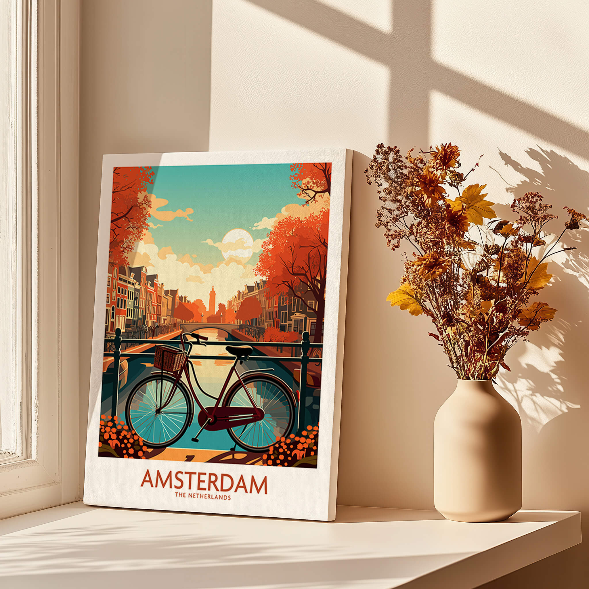Amsterdam Wall Art with Bike | Modern Style featuring a vibrant print of Amsterdam's canals and autumn scenery.