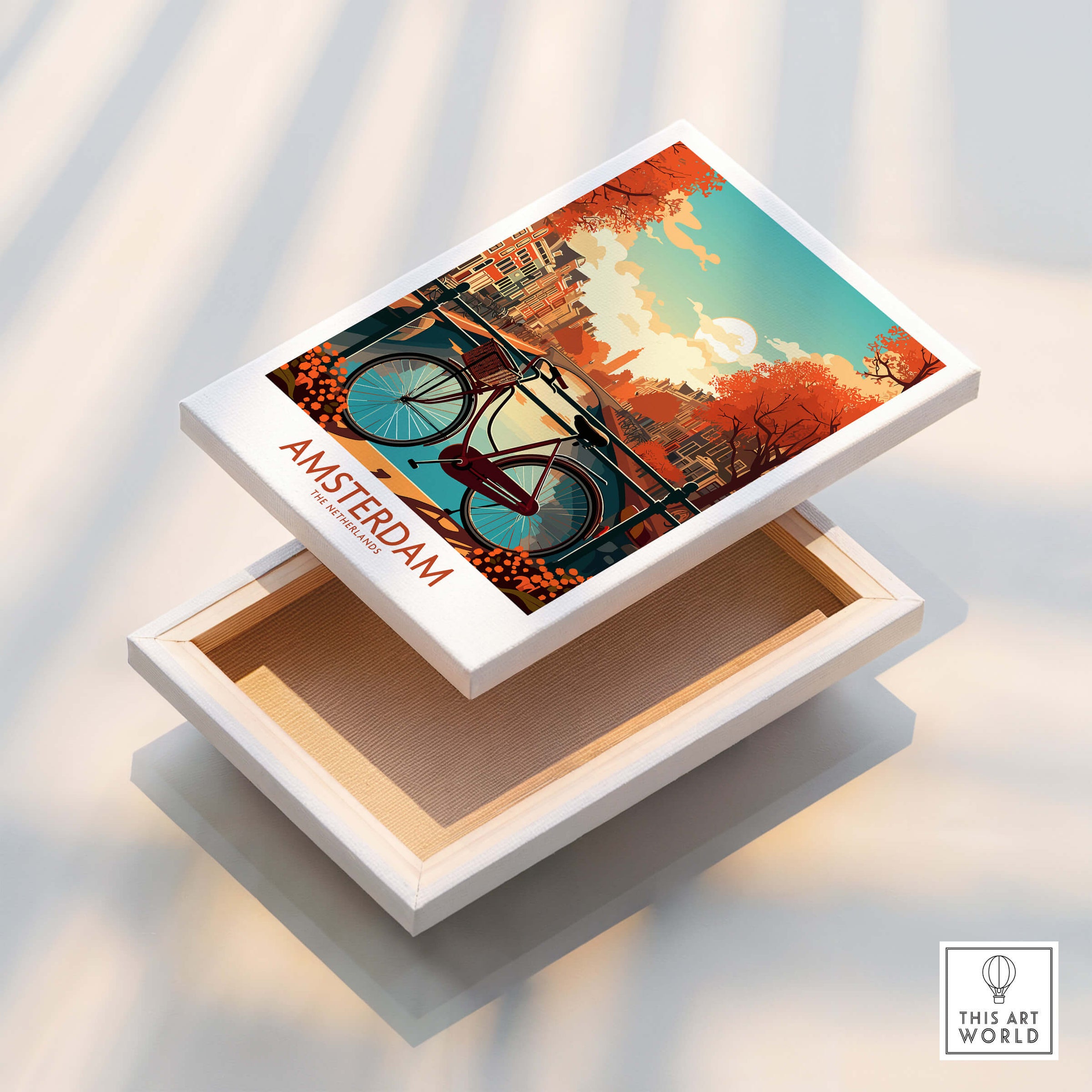 Amsterdam Wall Art with Bike | Modern Style featuring a vibrant print of Amsterdam's canals and a bicycle.