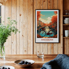 Amsterdam Wall Art with Bike | Modern Style featuring a picturesque scene of a bike by the canals in autumn.