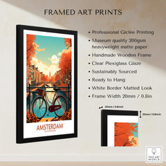 Amsterdam Wall Art with Bike | Modern Style framed print featuring vivid autumn canals and iconic bicycle.