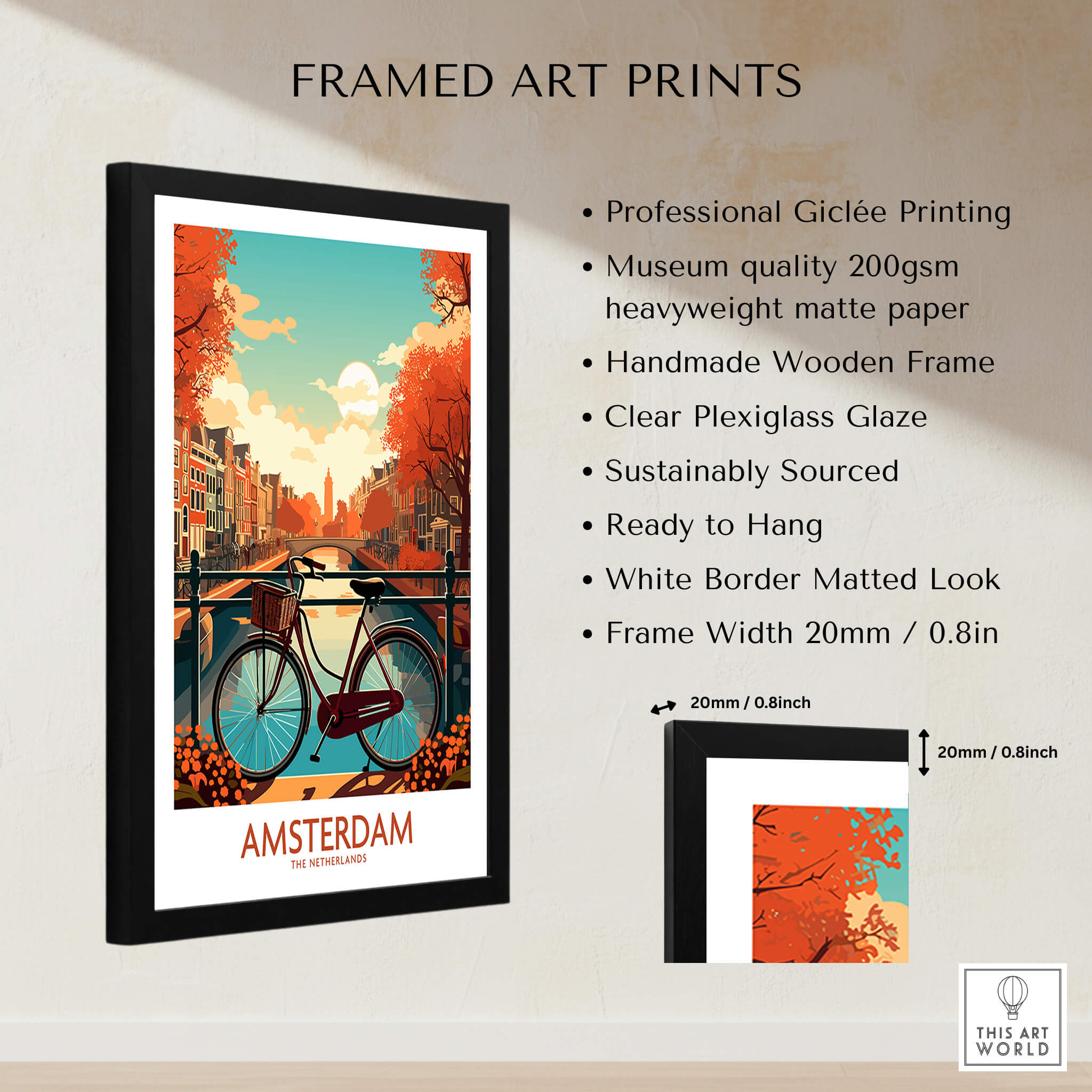 Amsterdam Wall Art with Bike | Modern Style framed print featuring vivid autumn canals and iconic bicycle.