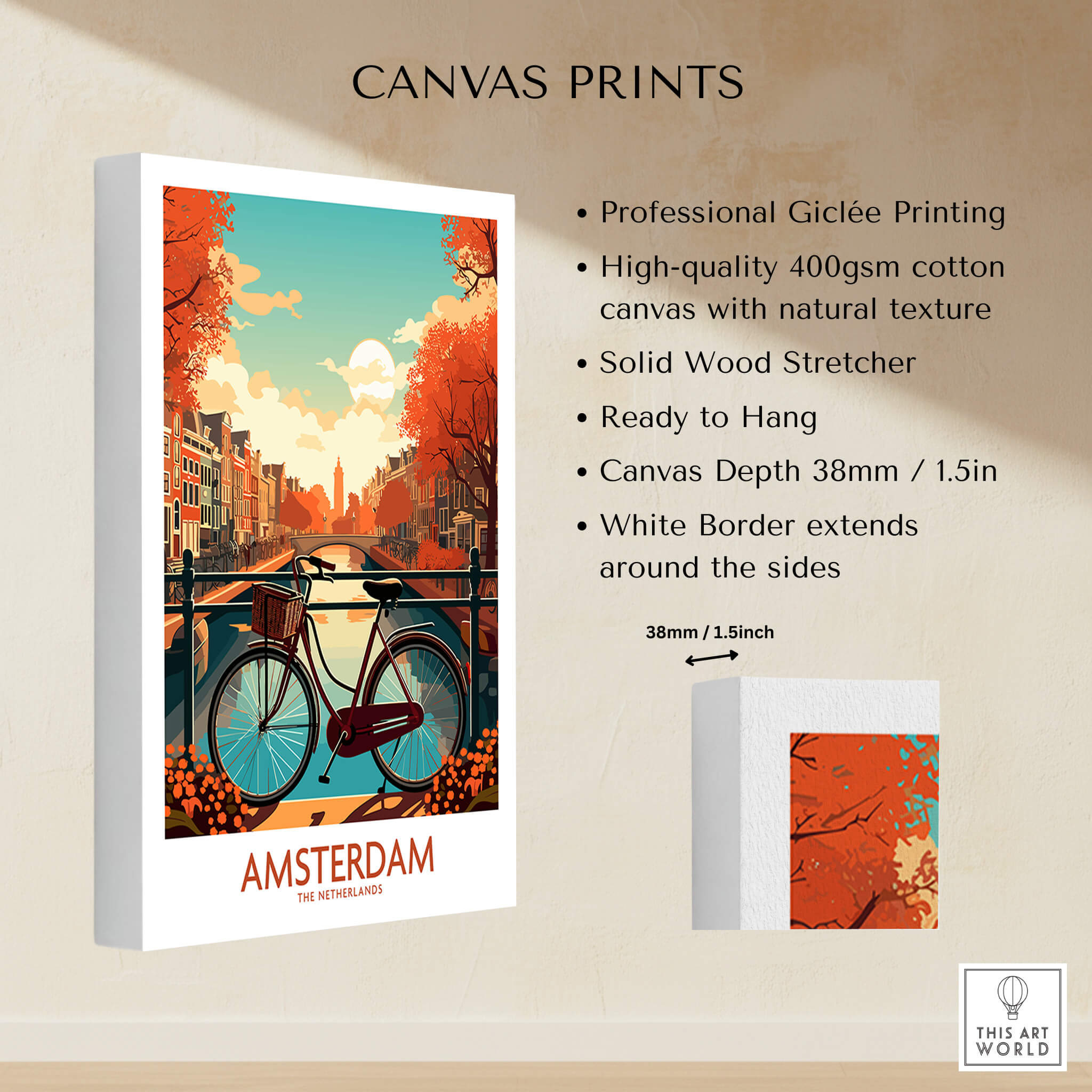 Amsterdam Wall Art with Bike | Modern Style - Giclée print featuring vibrant Amsterdam canals and bike.