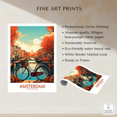 Amsterdam Wall Art with Bike | Modern Style - Vivid print of Amsterdam canals and bike on quality paper.