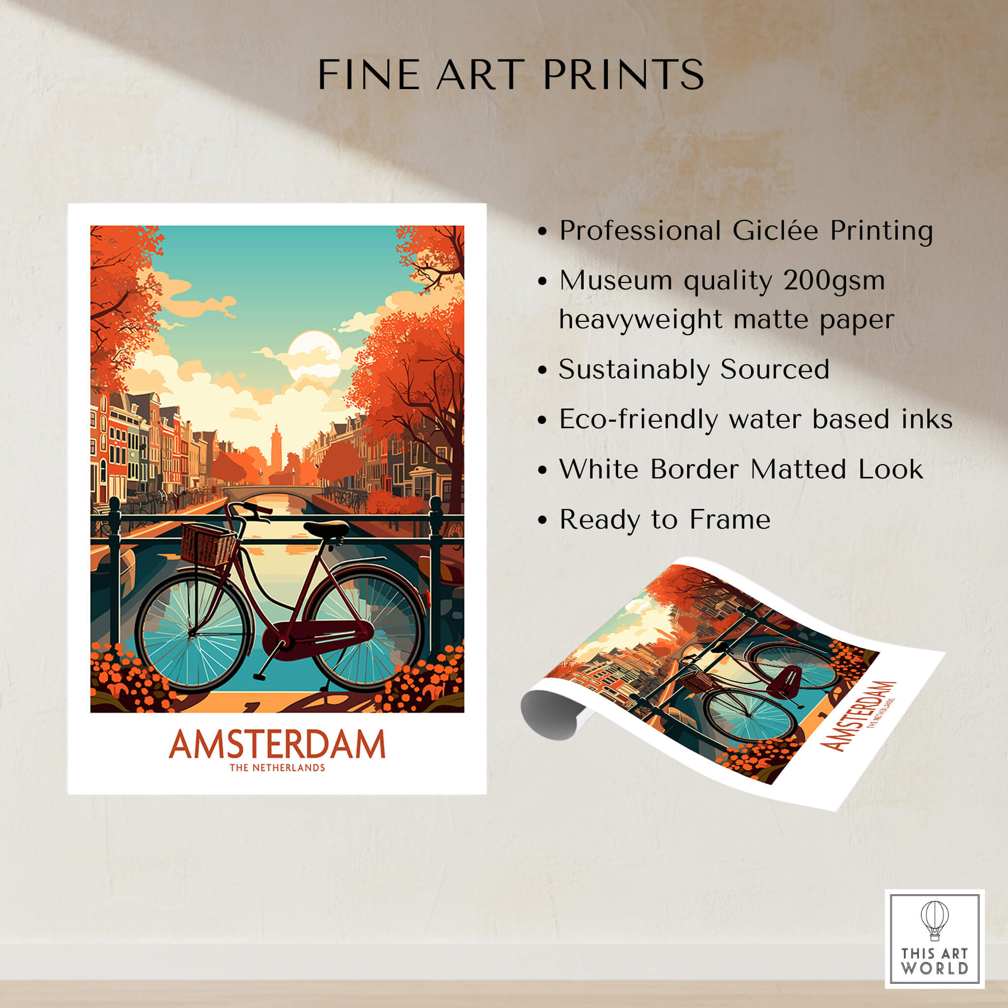 Amsterdam Wall Art with Bike | Modern Style - Vivid print of Amsterdam canals and bike on quality paper.