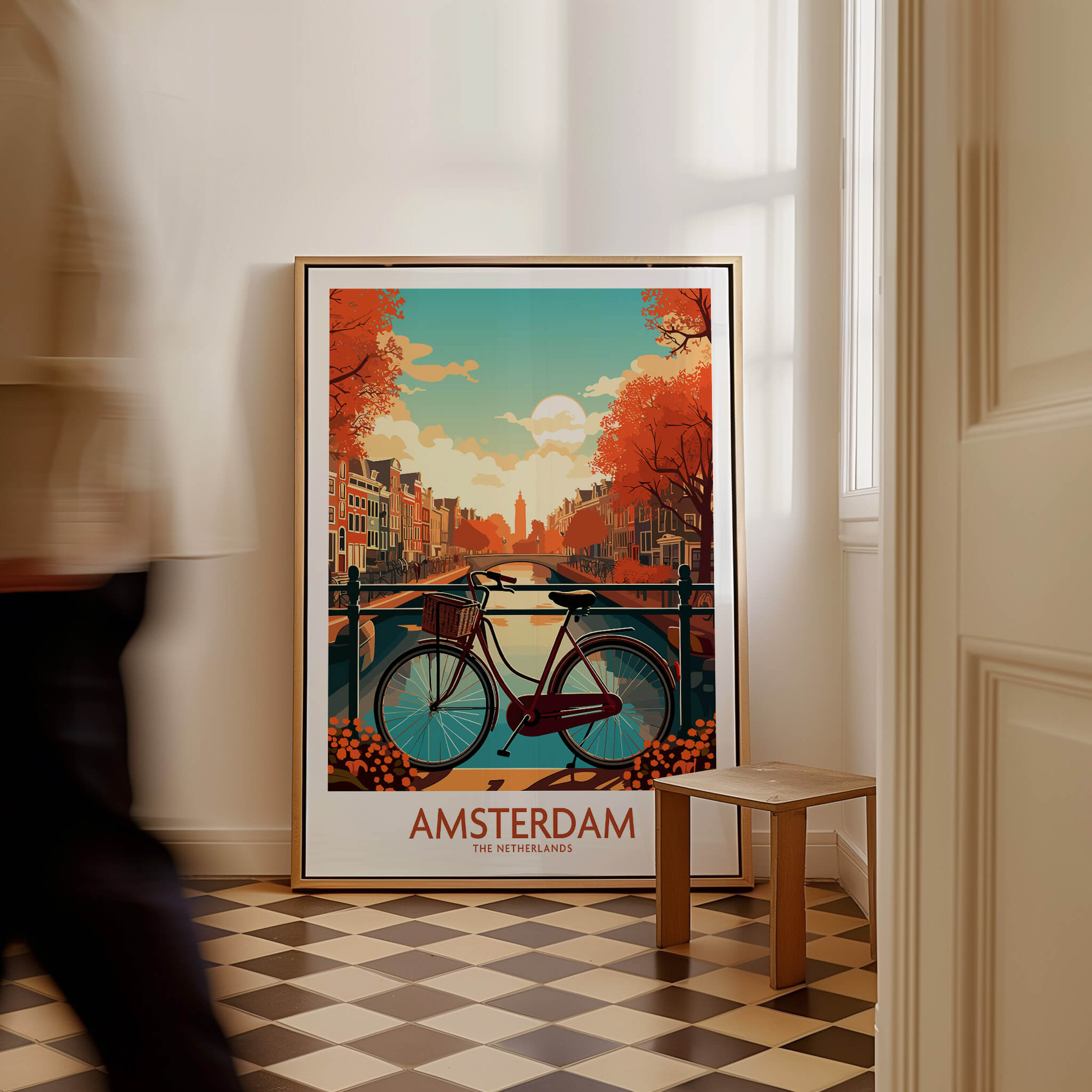 Amsterdam Wall Art with Bike | Modern Style featuring vibrant canals and iconic bicycles in autumn colors.