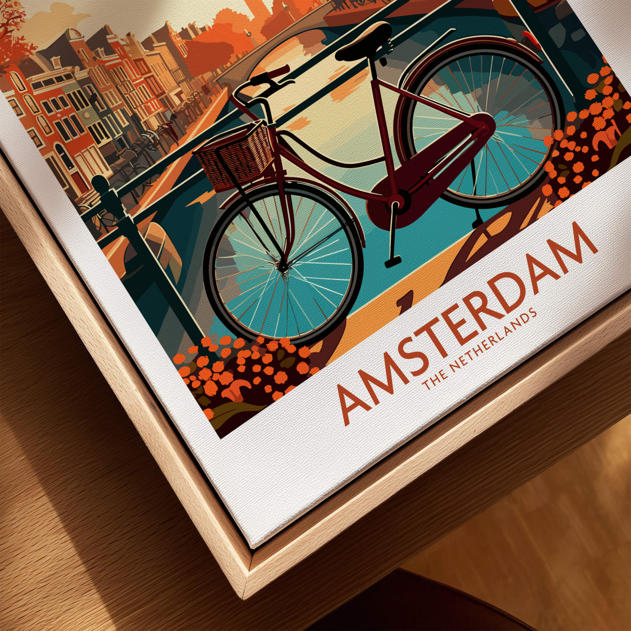 Amsterdam Wall Art with Bike | Modern Style featuring a vibrant bike beside a canal in the Netherlands.