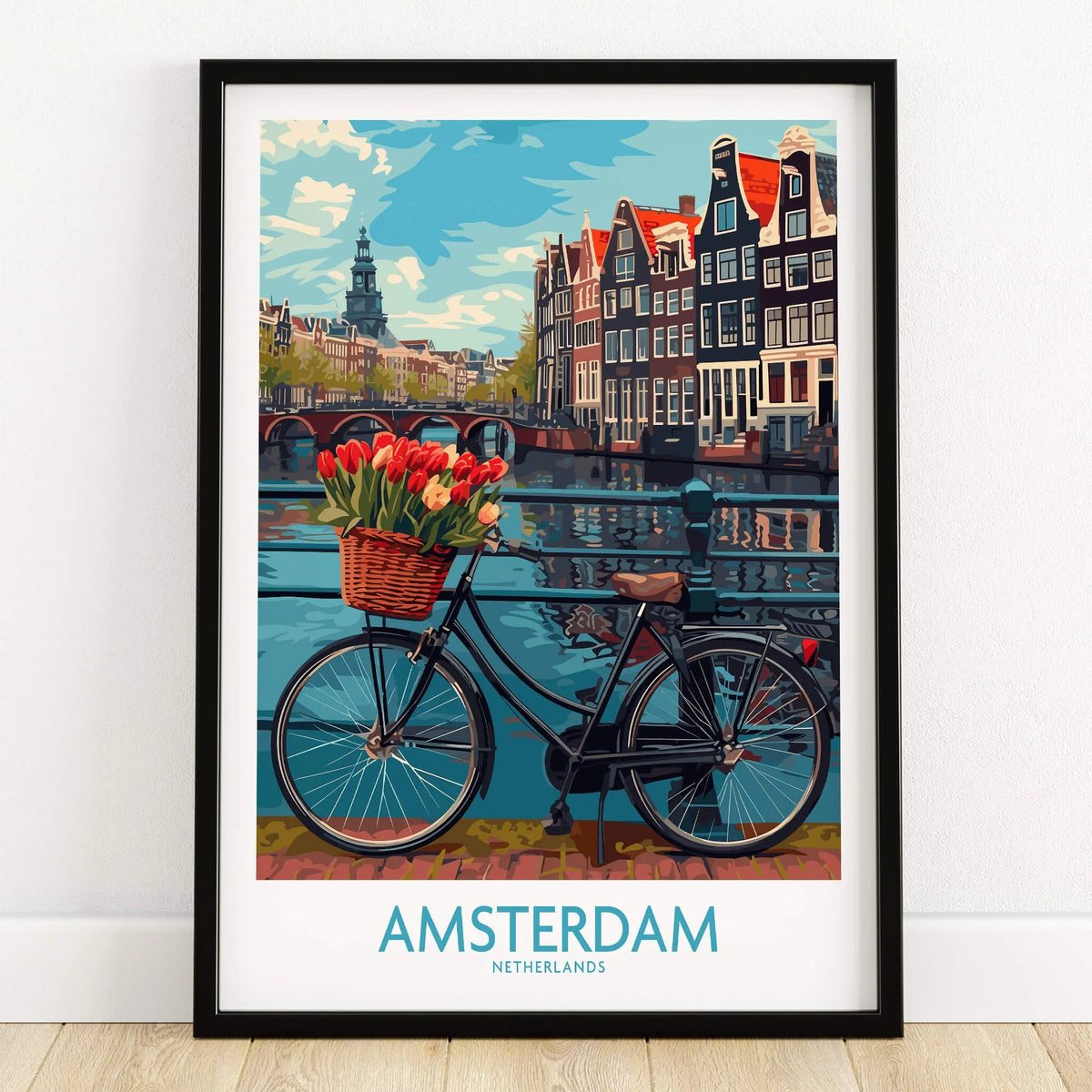 Amsterdam Poster featuring a bicycle with tulips by a canal in a picturesque Amsterdam setting.