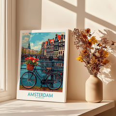 Amsterdam Poster featuring a bicycle with tulips on a bridge overlooking tranquil canals in Amsterdam.