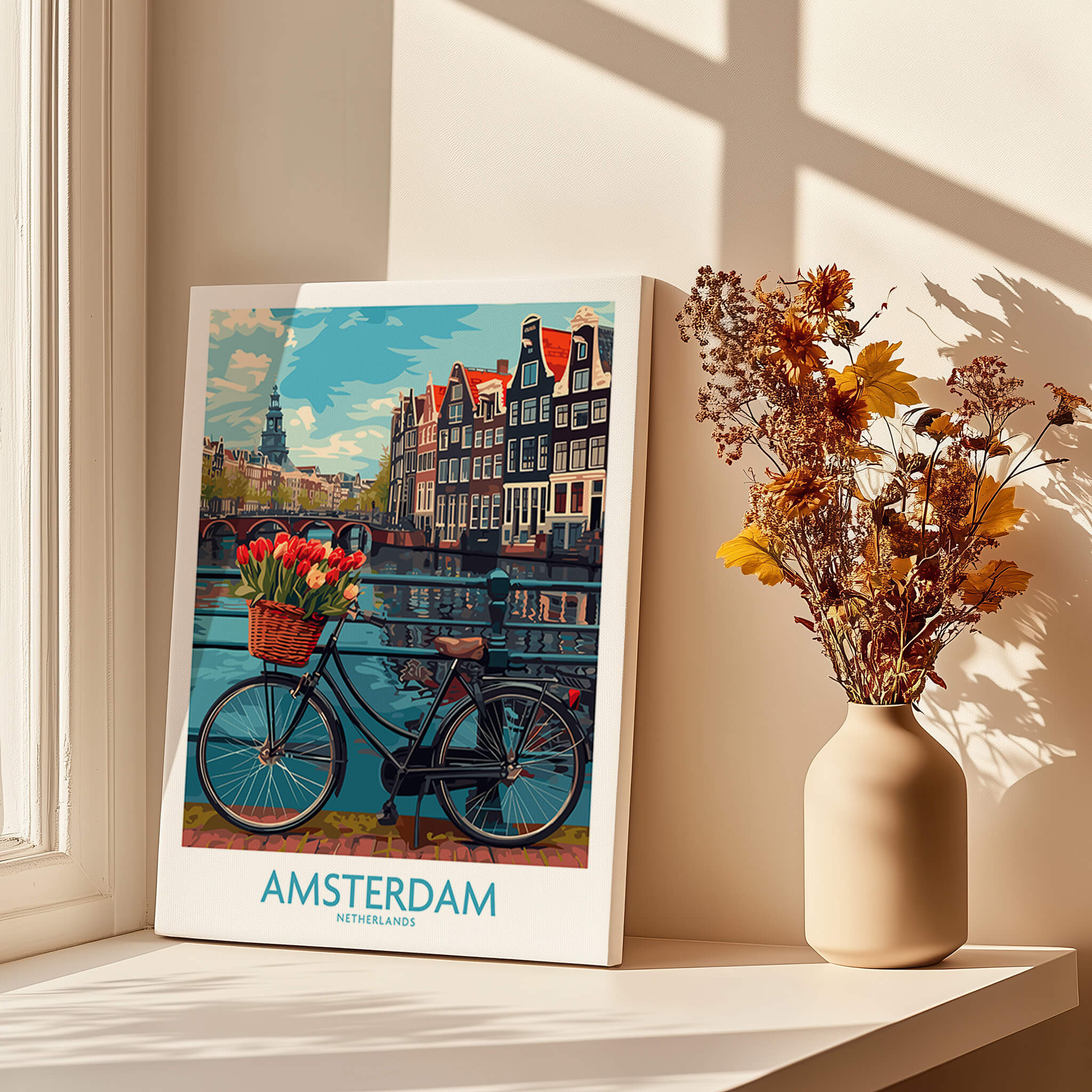 Amsterdam Poster featuring a bicycle with tulips on a bridge overlooking tranquil canals in Amsterdam.