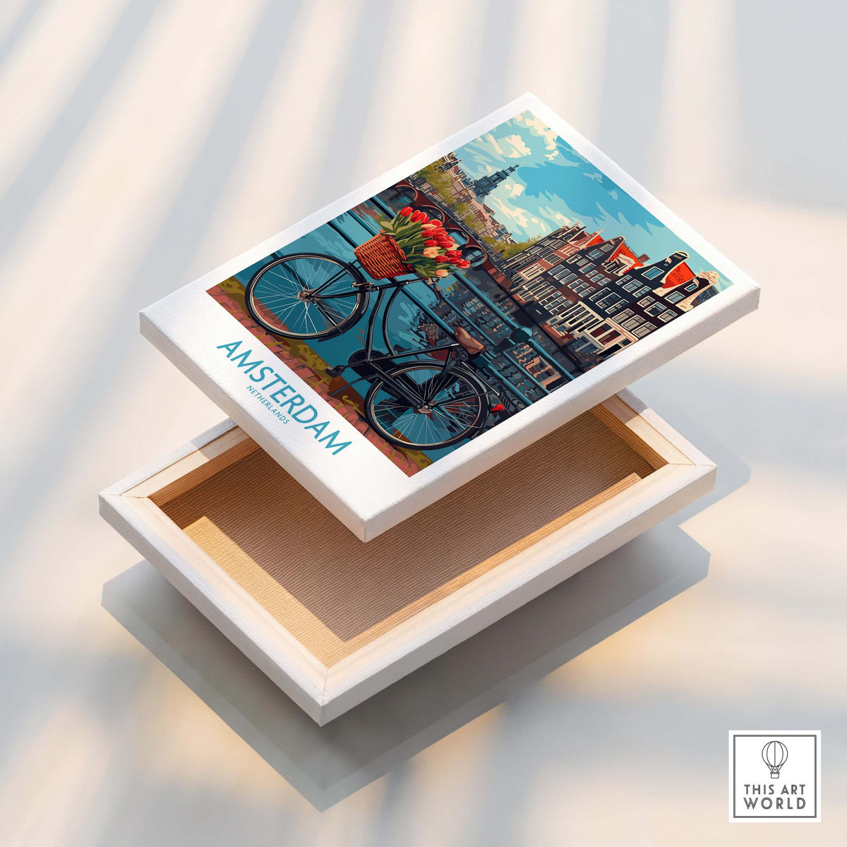 Amsterdam Poster featuring a bicycle with tulips on a bridge against a scenic canal backdrop.