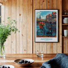 Amsterdam Poster featuring a bicycle with tulips on a bridge in a picturesque Amsterdam setting.