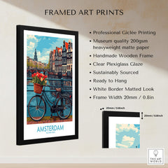 Amsterdam Poster in a framed art print with vibrant tulips and a bicycle on a picturesque canal.