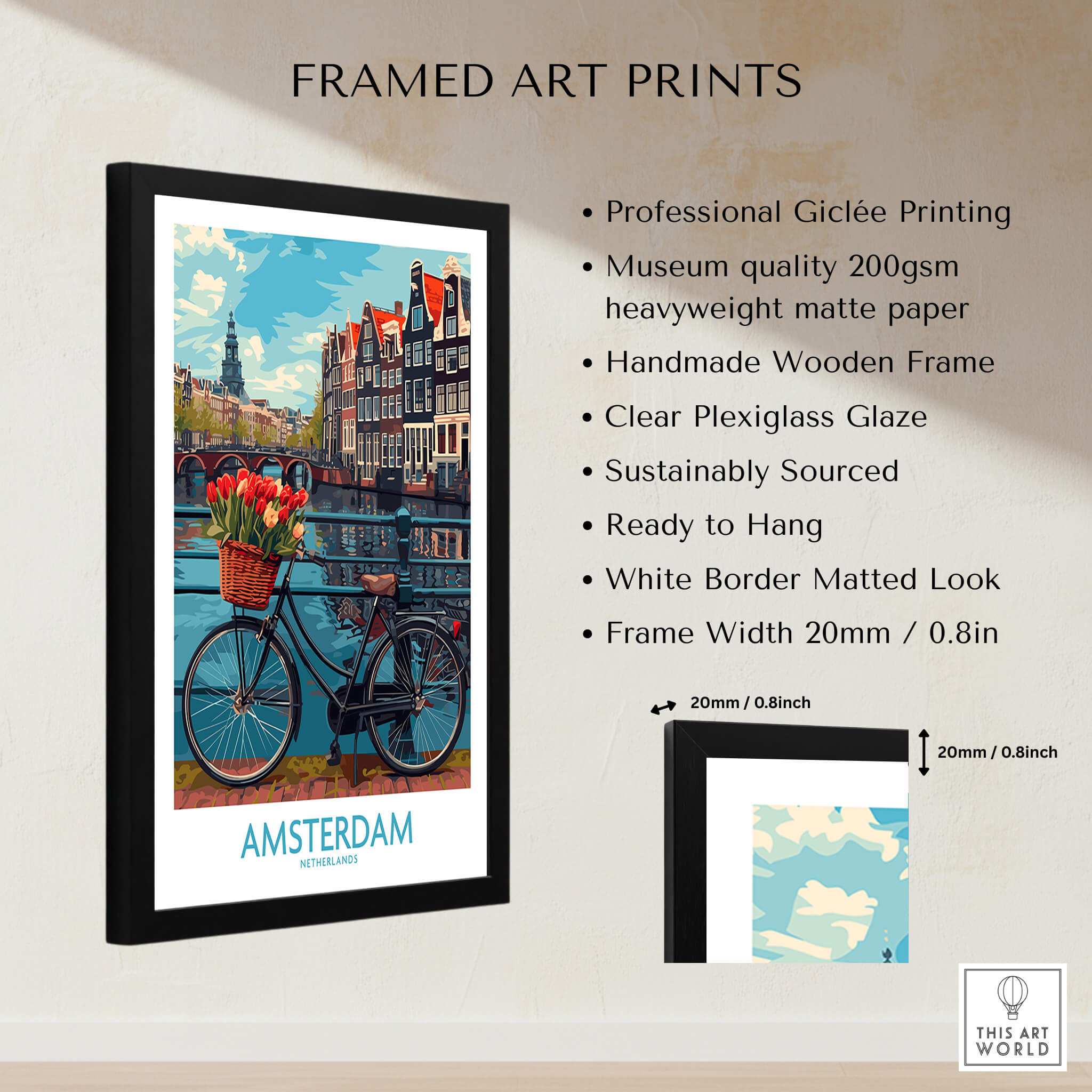 Amsterdam Poster in a framed art print with vibrant tulips and a bicycle on a picturesque canal.