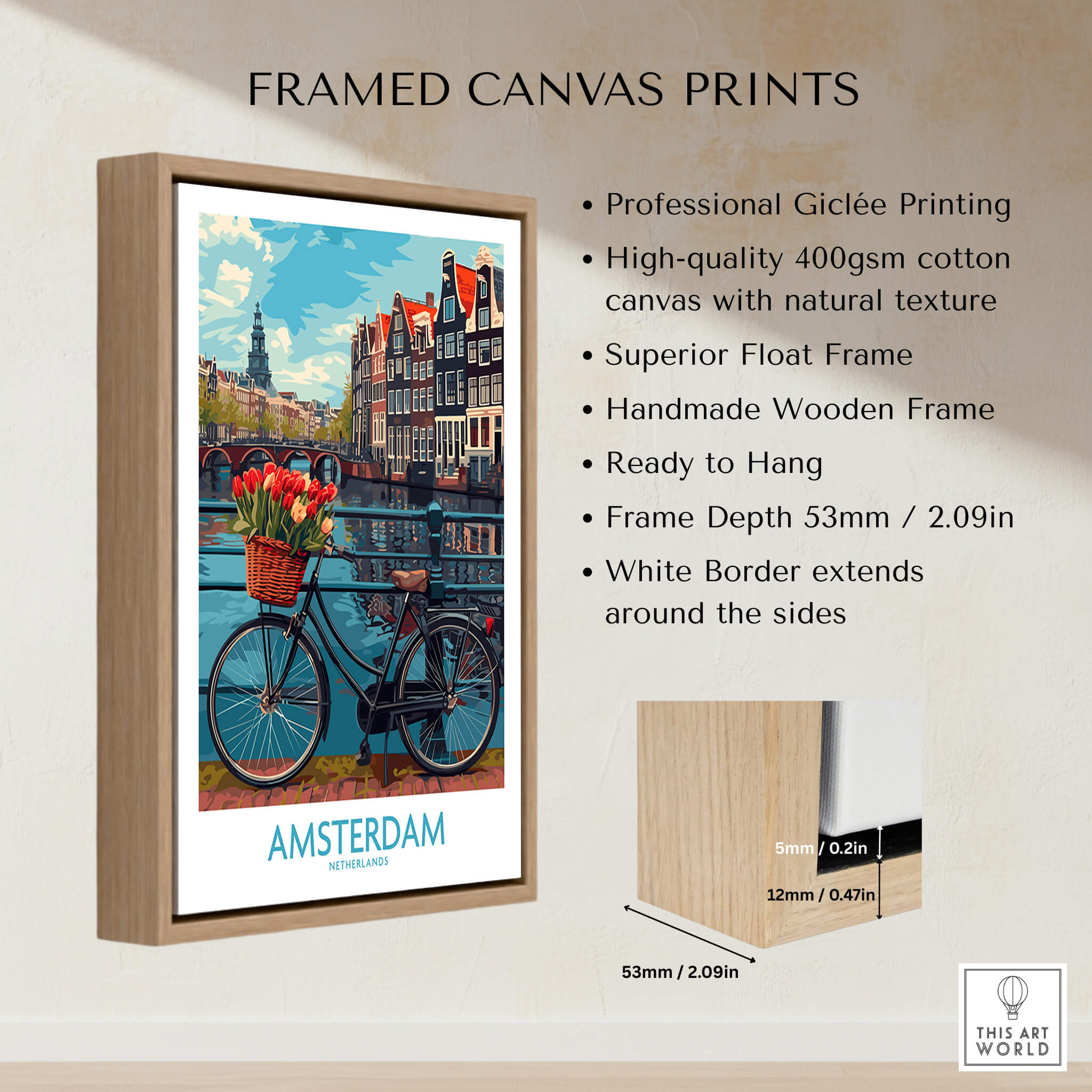 Amsterdam Poster featuring a bicycle on a bridge with tulips, framed canvas print.