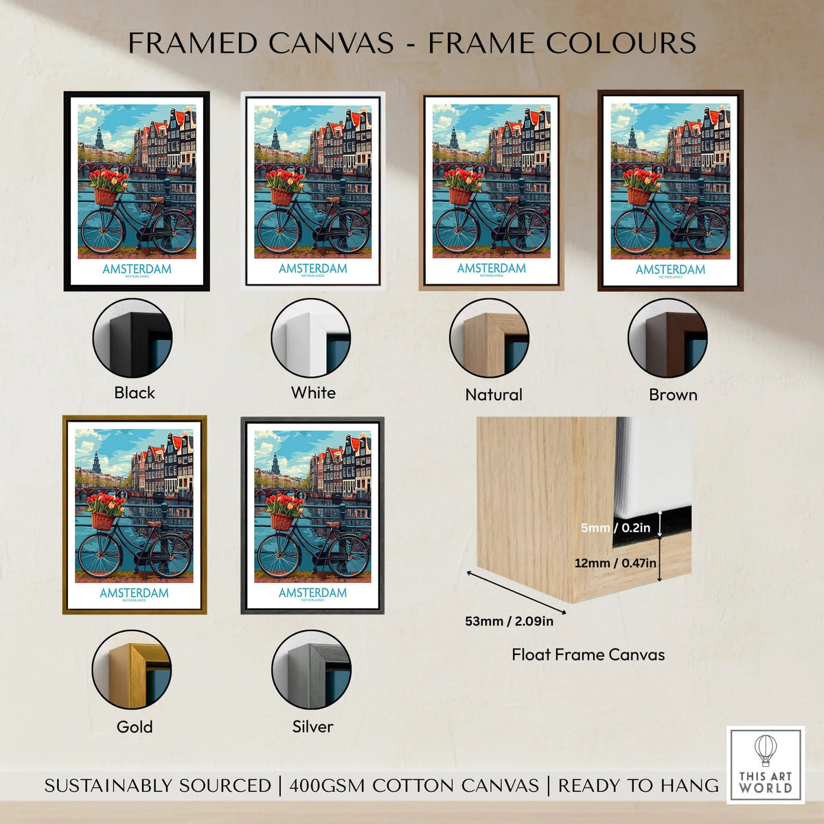 Amsterdam Poster framed canvas options in various colors including black, white, natural, brown, gold, and silver.