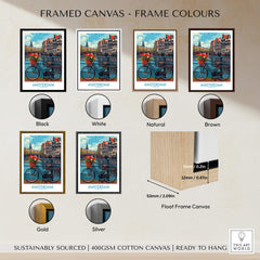 Amsterdam Poster framed canvas options in various colors including black, white, natural, brown, gold, and silver.