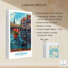 Amsterdam Poster featuring a bicycle and vibrant tulips on a charming bridge over tranquil canals.