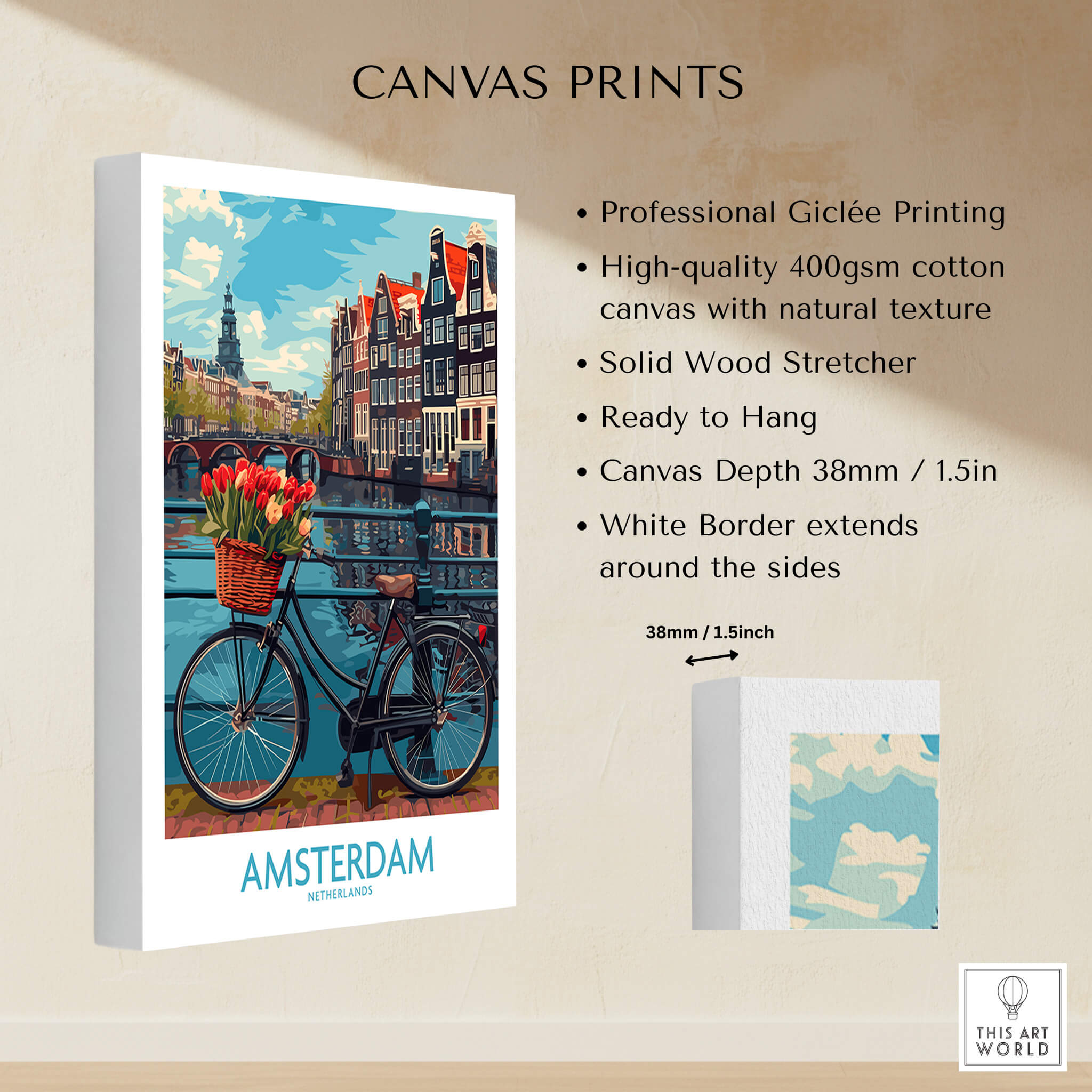 Amsterdam Poster featuring a bicycle and vibrant tulips on a charming bridge over tranquil canals.