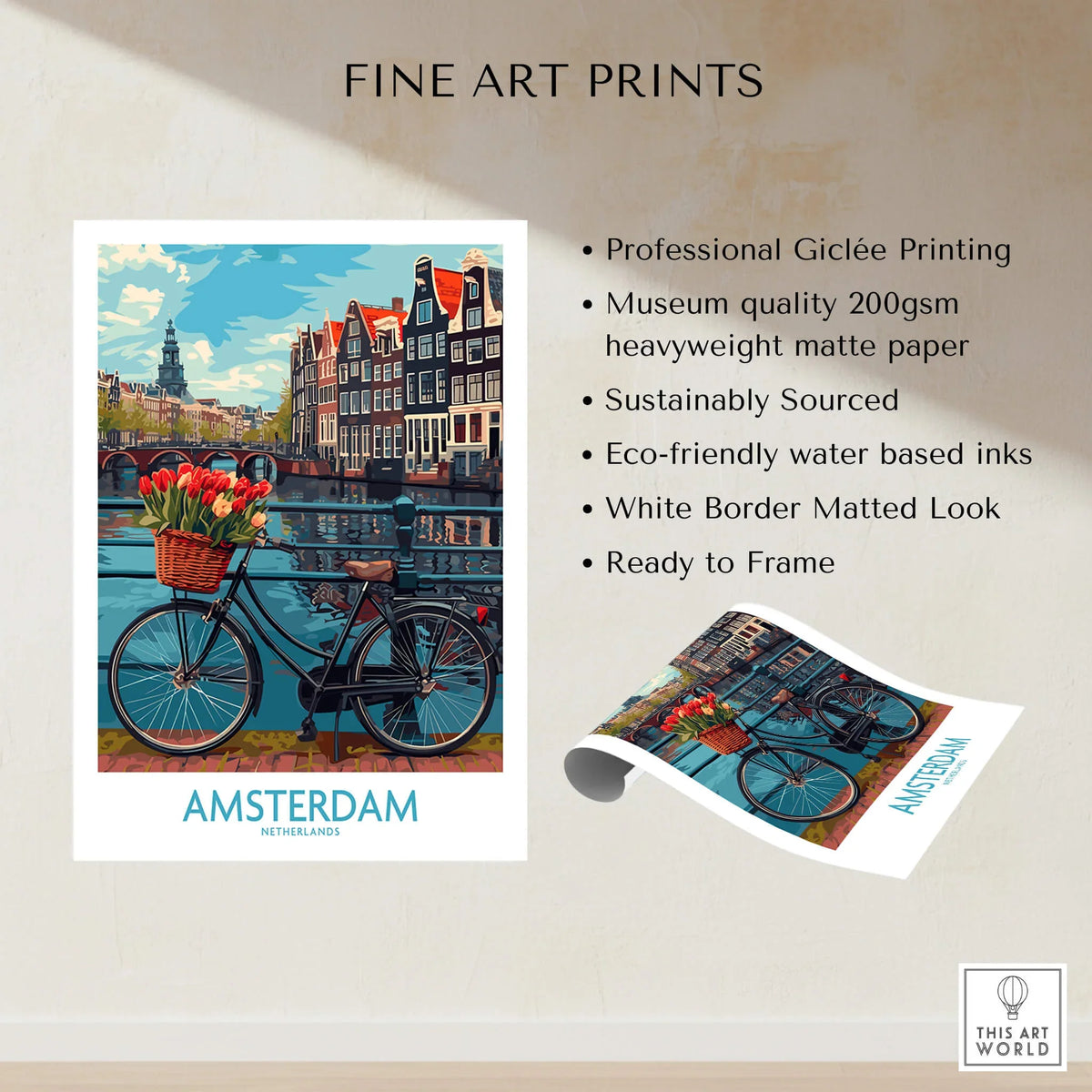 Amsterdam Poster featuring a bicycle on a bridge with tulips, capturing the charm of Dutch canals and scenery.