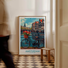 Amsterdam Poster featuring a bicycle with tulips near idyllic canals in Amsterdam.